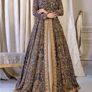 Pakistani wedding dress Elegant Gold and Blue Gown